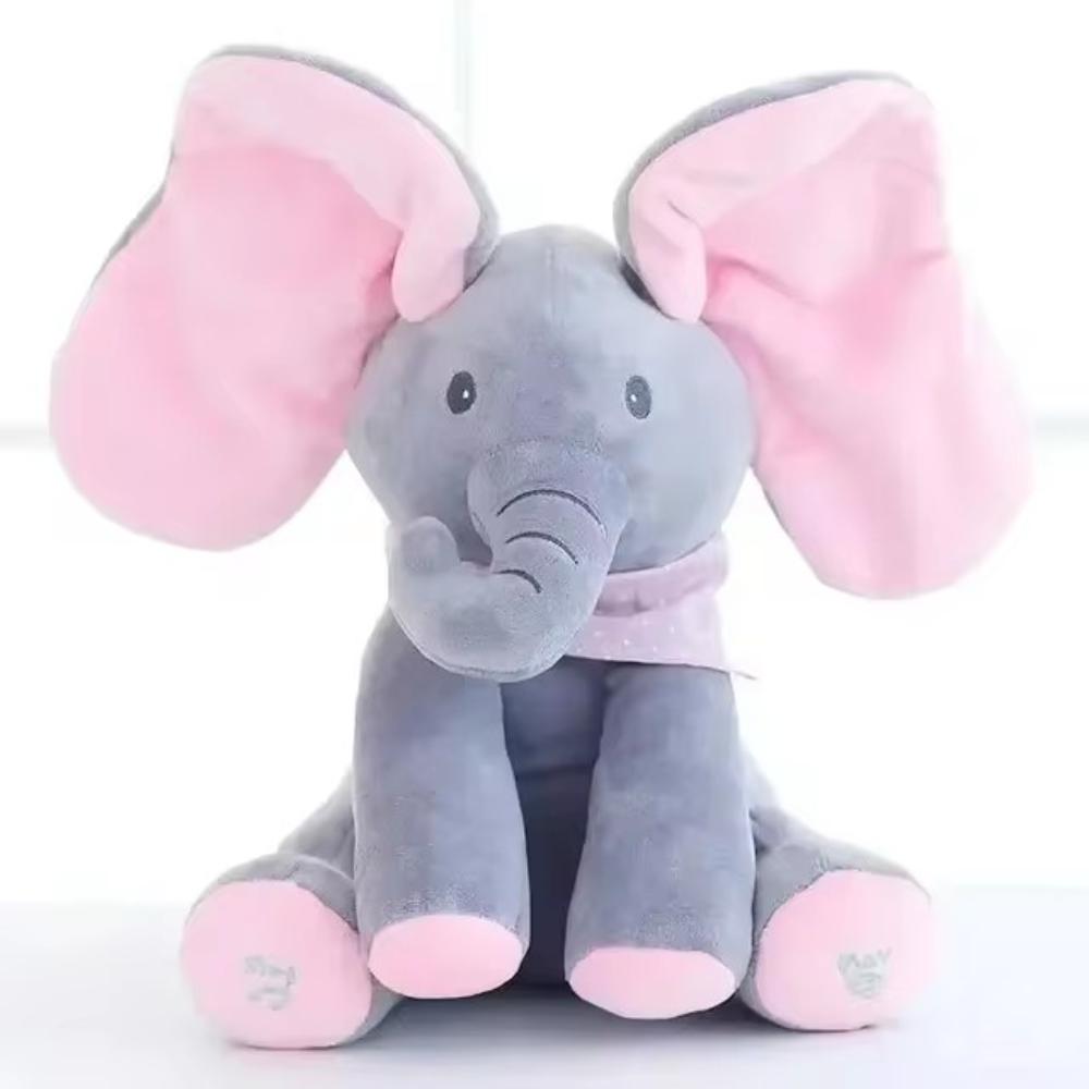 Blue interactive peek-a-boo elephant plush, talking musical toy for toddlers & kids playtime.