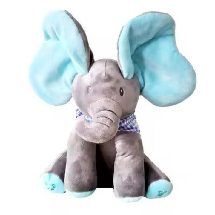 Pink interactive peek-a-boo elephant plush toy, soft talking musical stuffed animal baby gift.