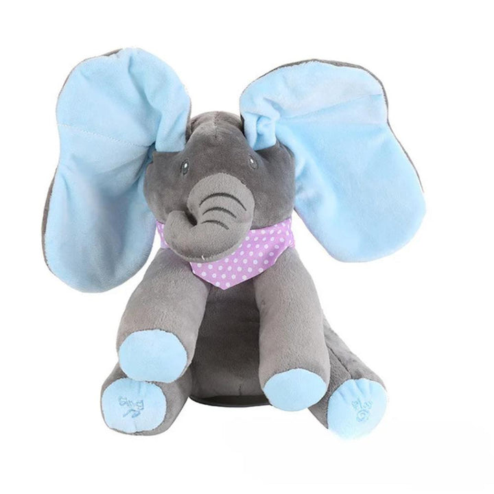 Soft talking peek-a-boo elephant plush toy, interactive stuffed animal for baby & toddler play.