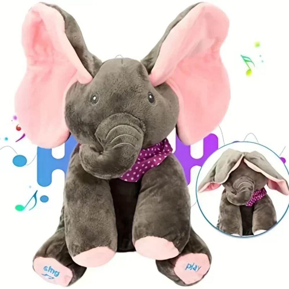 Cute interactive peek-a-boo elephant plush toy, engaging talking musical animal for babies & kids.