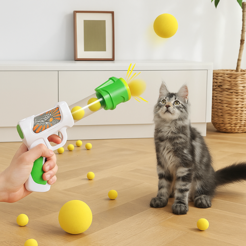 Interactive pet ball launcher for cats & small pets, promoting exercise & indoor play with soft balls.