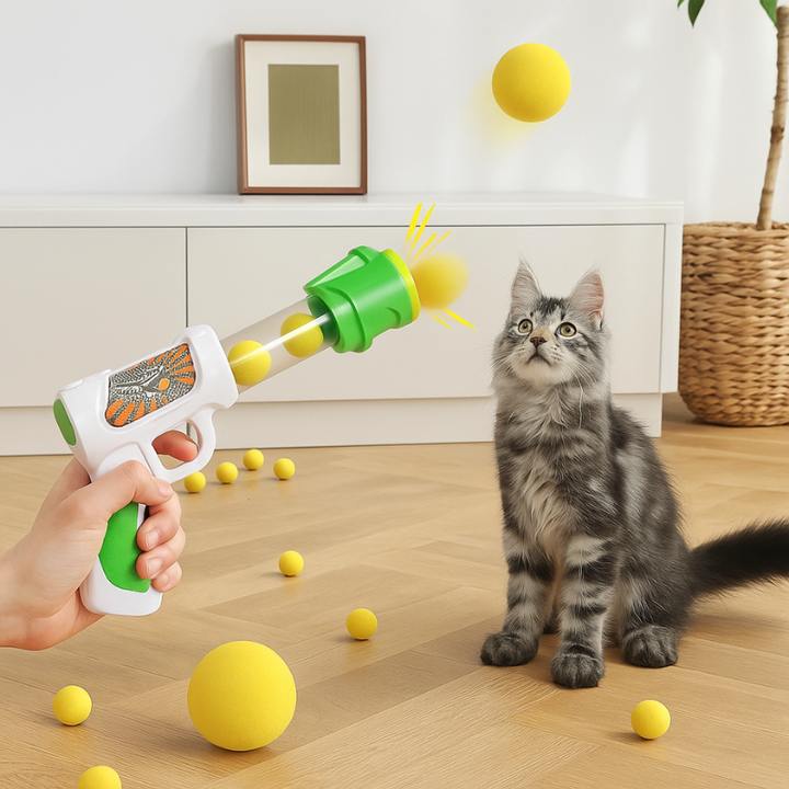 Interactive pet ball launcher for cats & small pets, promoting exercise & indoor play with soft balls.