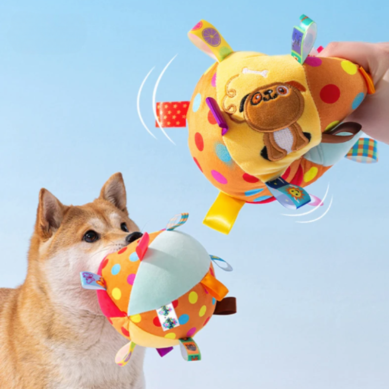 Interactive plush play ball for dogs and puppies, great for mental stimulation and engaging playtime.