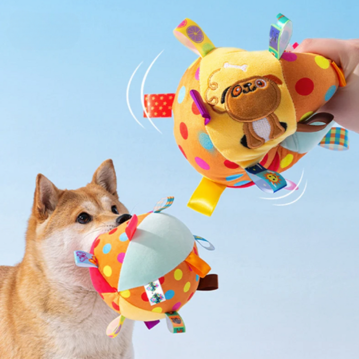 Interactive plush play ball for dogs and puppies, great for mental stimulation and engaging playtime.