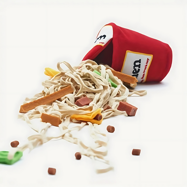 Interactive ramen dog puzzle toy for mental enrichment. Fleece sniff & tug features stimulate play and reduce boredom.