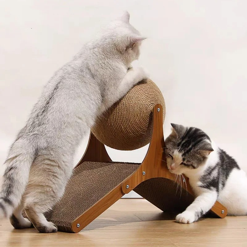 Interactive sisal ball cat scratcher & play toy. Protects furniture, enriches feline play for cats & kittens.
