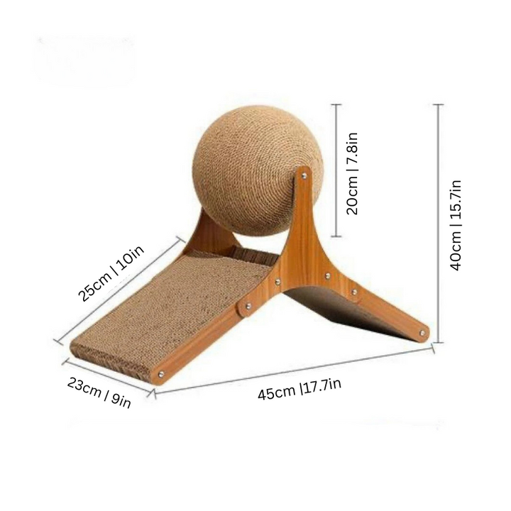 Sisal ball cat scratcher & play toy on a wooden base. Engaging pet accessory for active cats, protects furniture.