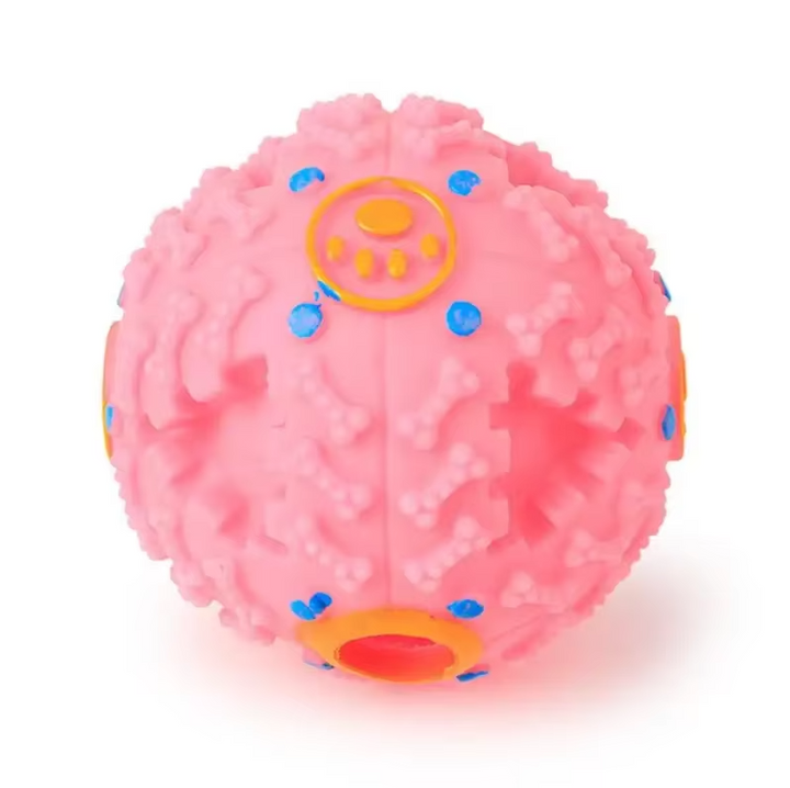 Side view of the interactive squeaky ball, highlighting its treat dispensing feature.