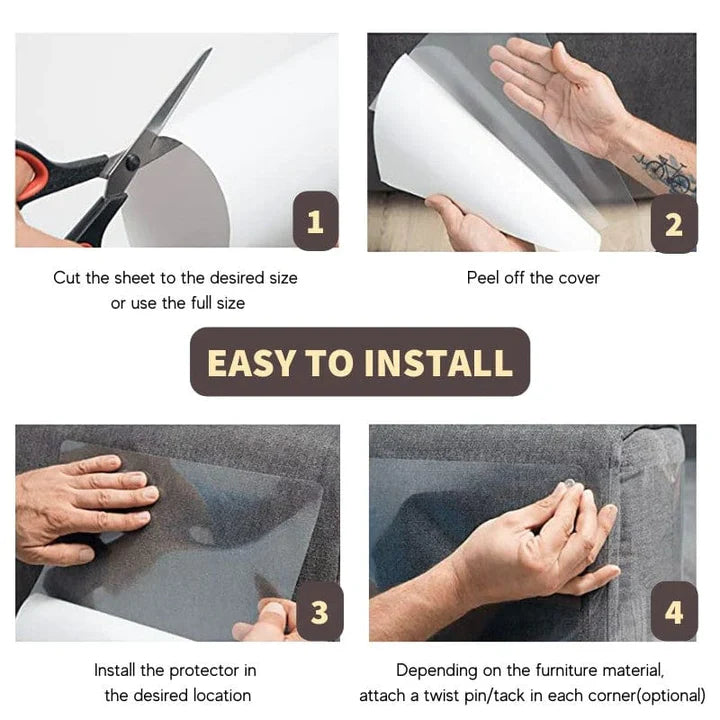 Set of CatShield Pro clear cat scratch protectors on chair and couch corners. Effective pet furniture protection.