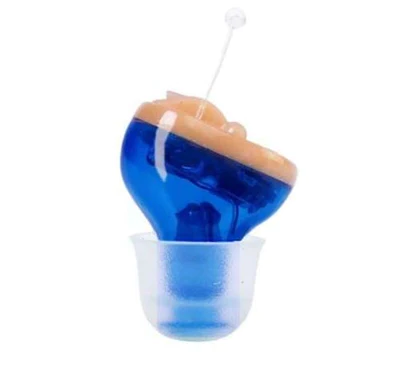 "Invisible rechargeable digital hearing aids, sleek blue design, fits snugly in ear canal for discreet sound amplification."