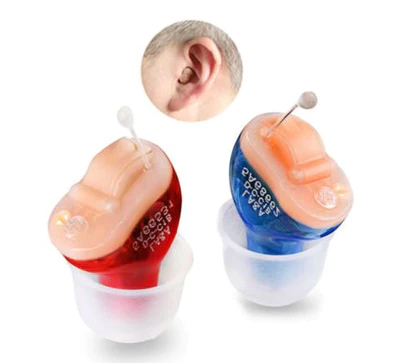 "Invisible rechargeable digital hearing aids, sleek blue design, fits snugly in ear canal for discreet sound amplification."