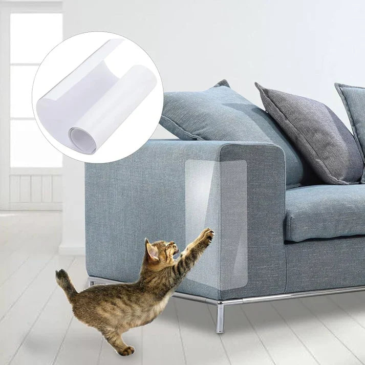 Invisible self-adhesive cat furniture scratch protector shields. Clear film protects couches from pet claws.