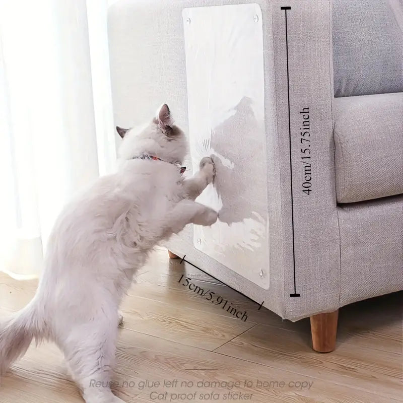 Clear self-adhesive scratch guard for cat furniture. Protects couches & upholstery from pet scratching damage.