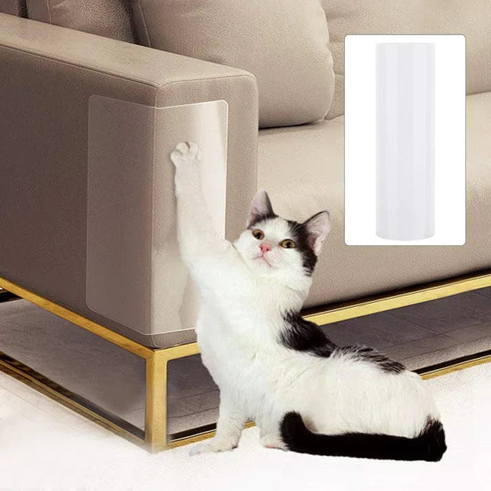 Invisible cat scratch protector film. Self-adhesive shields for couches, chairs, and home furniture protection.