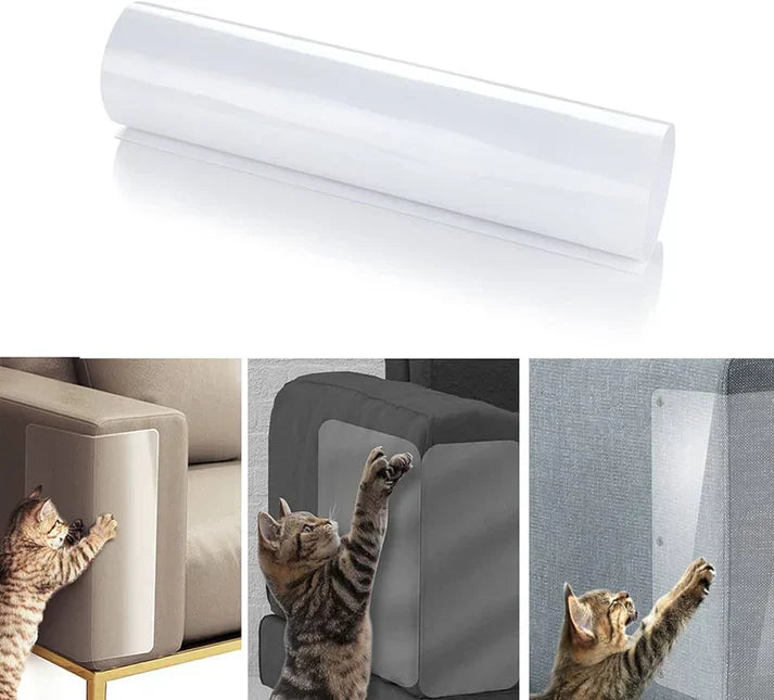 Durable, invisible self-adhesive shields for cat furniture protection. Clear film prevents pet scratching damage.