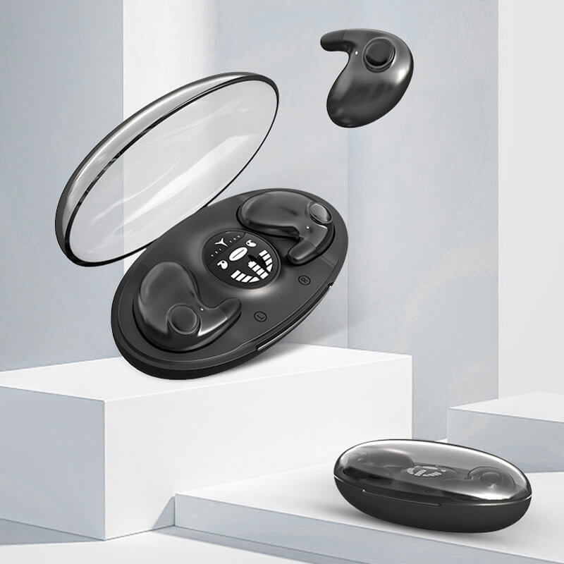 Invisible wireless sleep headphones, ergonomic fit for side sleepers, Bluetooth 5.3, IPX5 waterproof, lightweight design.