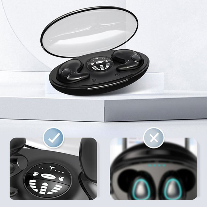 Invisible wireless sleep headphones, ergonomic fit for side sleepers, Bluetooth 5.3, IPX5 waterproof, lightweight design.