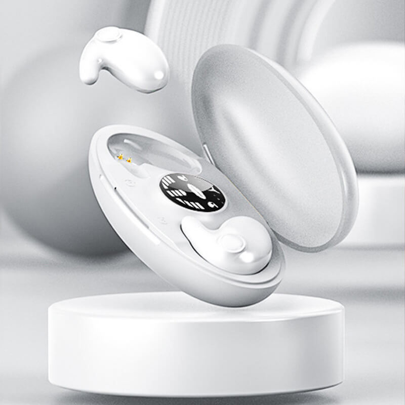 Invisible wireless sleep headphones, ergonomic fit for side sleepers, Bluetooth 5.3, IPX5 waterproof, lightweight design.