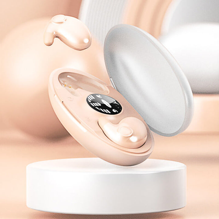 Invisible wireless sleep headphones, ergonomic fit for side sleepers, Bluetooth 5.3, IPX5 waterproof, lightweight design.