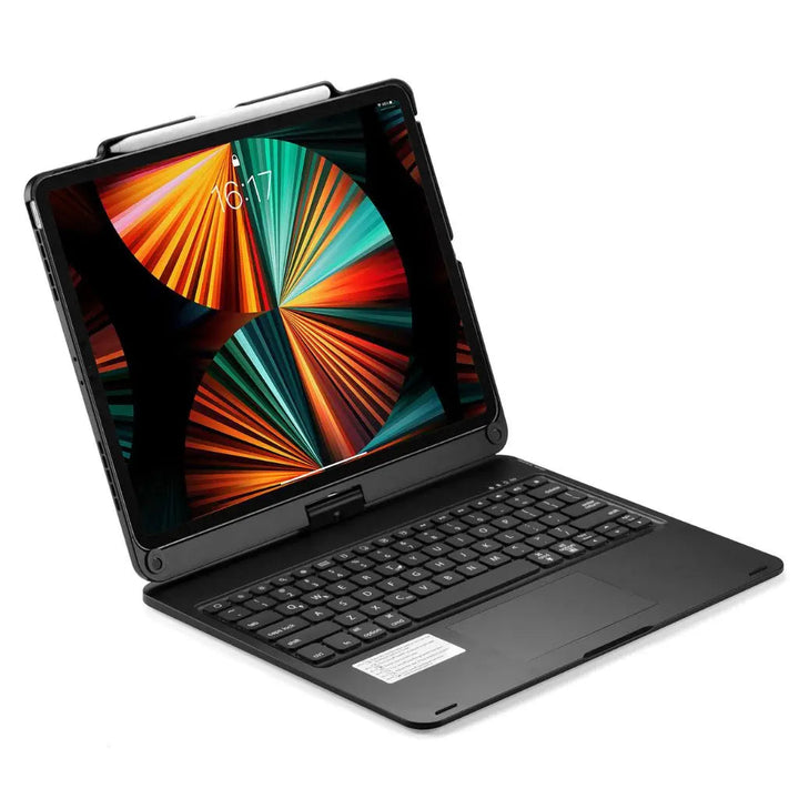 iPad Keyboard Case with backlit keys and trackpad, sleek design, drop-resistant shell, enhances functionality and protection.