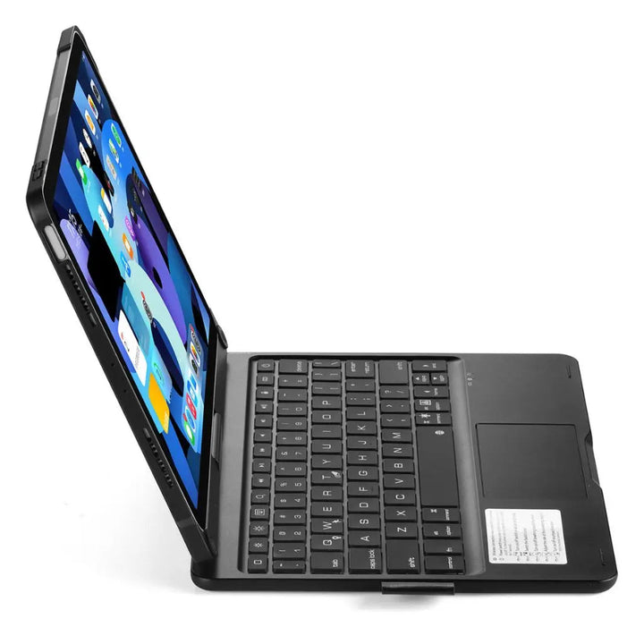 iPad Keyboard Case with backlit keys and trackpad, sleek design, drop-resistant shell, enhances functionality and protection.