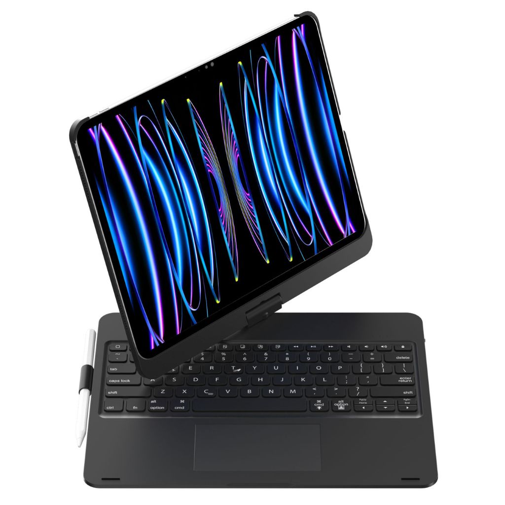 iPad Keyboard Case with backlit keys and trackpad, sleek design, drop-resistant shell, enhances functionality and protection.