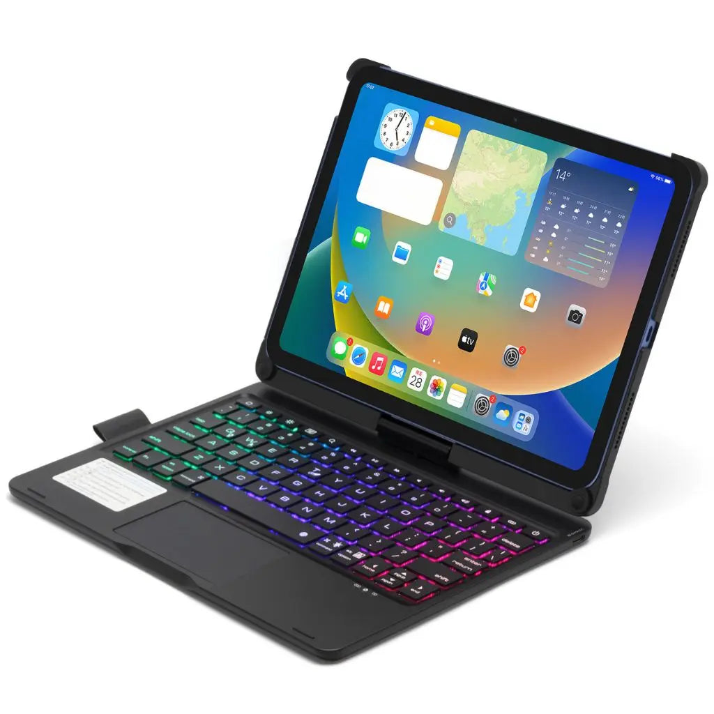 iPad Keyboard Case with backlit keys and trackpad, sleek design, drop-resistant shell, enhances functionality and protection.