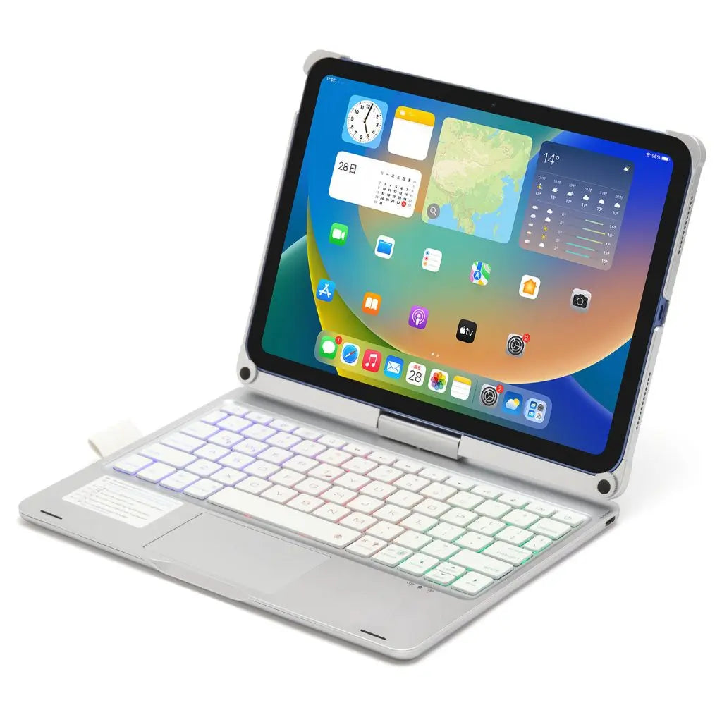 iPad Keyboard Case with backlit keys and trackpad, sleek design, drop-resistant shell, enhances functionality and protection.