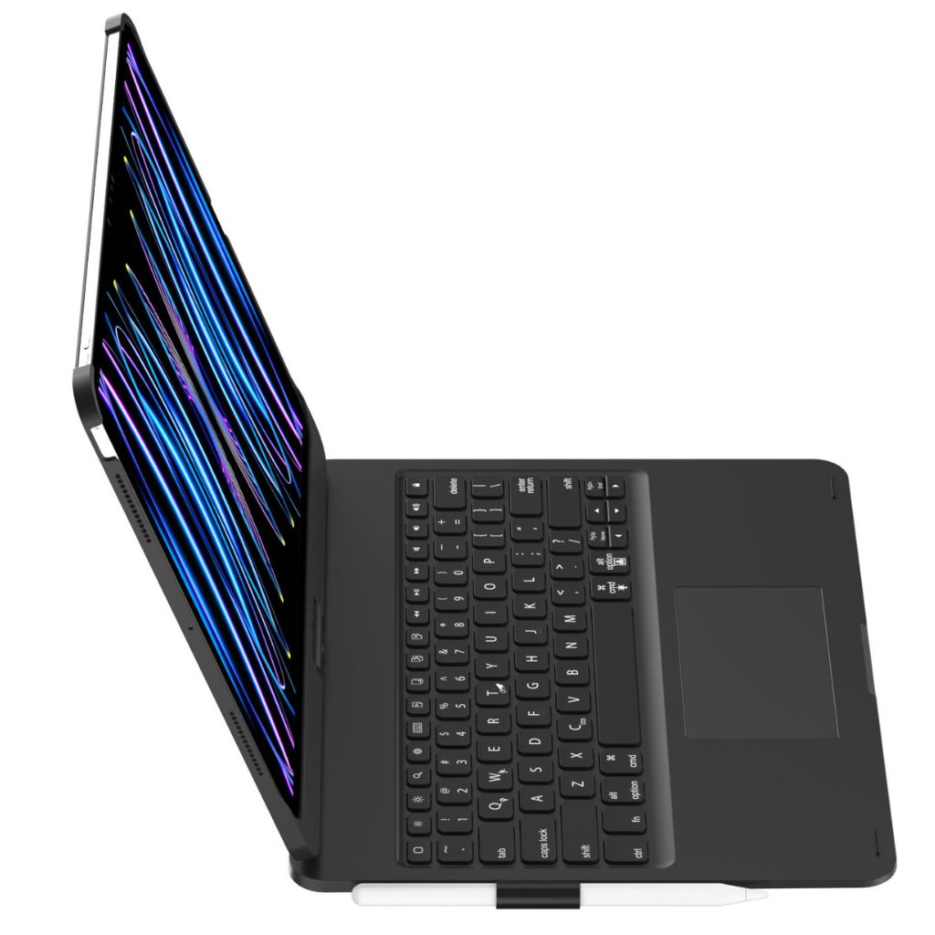 iPad Keyboard Case with backlit keys and trackpad, sleek design, drop-resistant shell, enhances functionality and protection.