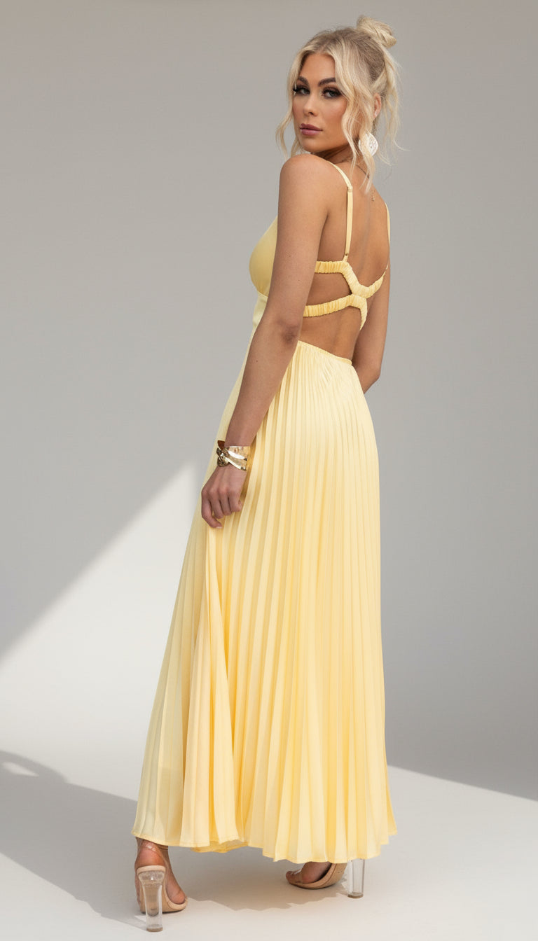 Women's elegant V-neck maxi dress with flowing pleated skirt; a chic choice for summer, parties, or evening wear.