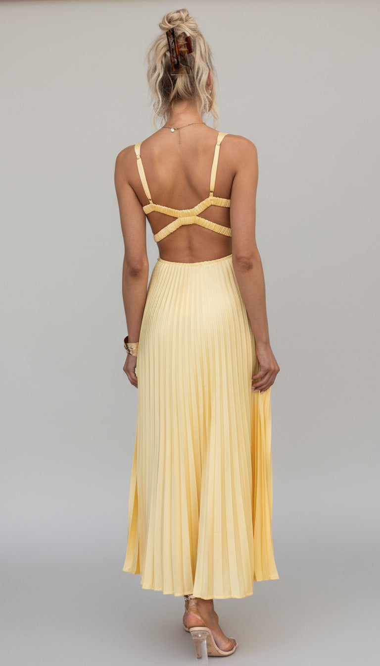 Stylish women's pleated V-neck maxi dress. Elegant flowing design makes it ideal for chic occasion and evening wear.