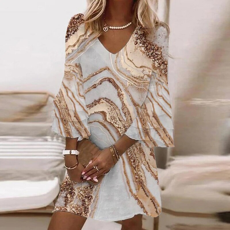 Elegant A-line V-neck mini dress for women, featuring flowy bell sleeves; perfect for stylish evening occasions.