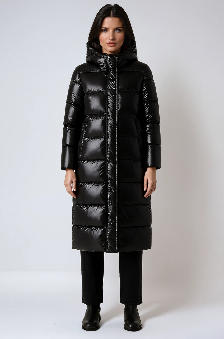 Women's elegant quilted winter jacket with a cozy hood.