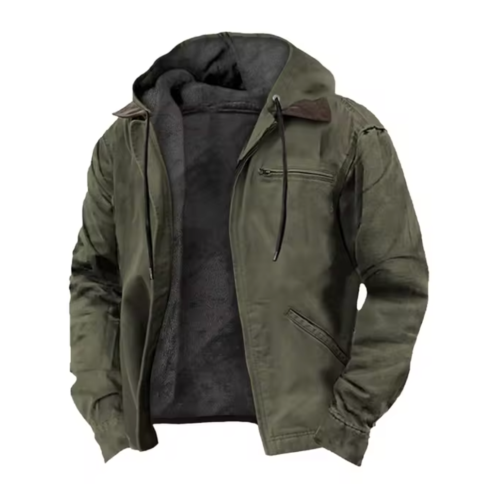 Casual men's hooded full-zip jacket, ideal fall & spring outerwear for street style.