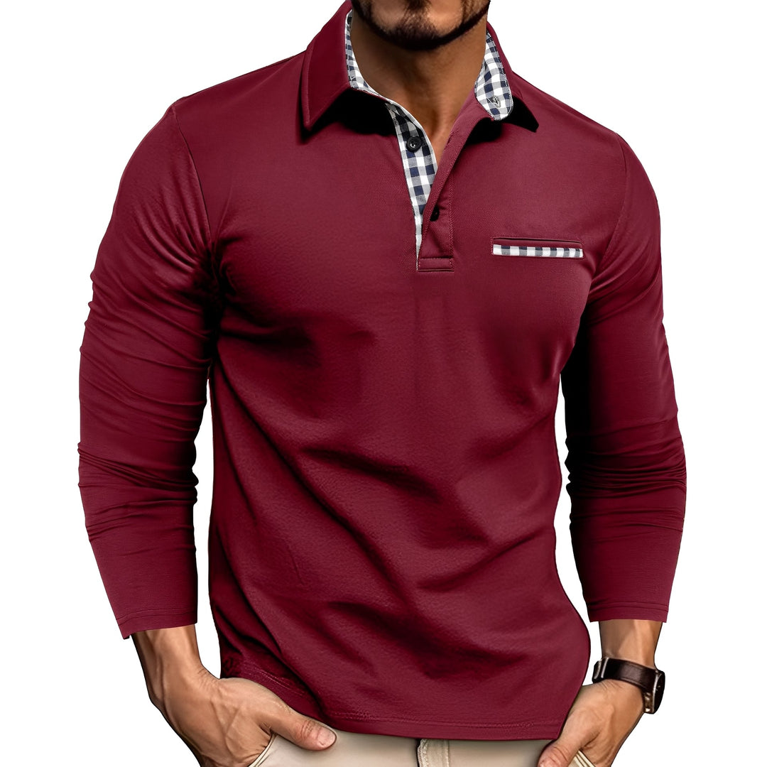 Comfortable men's long sleeve button-down polo with gingham trim. Ideal versatile top for smart casual & daily wear.