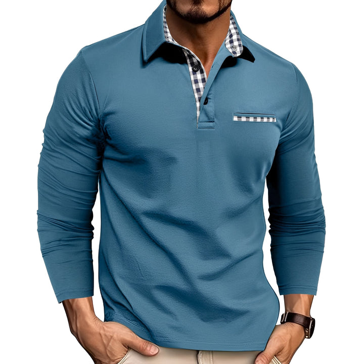 Men's long sleeve collared polo shirt with elegant gingham trim. Button-down design, stylish & versatile for men.