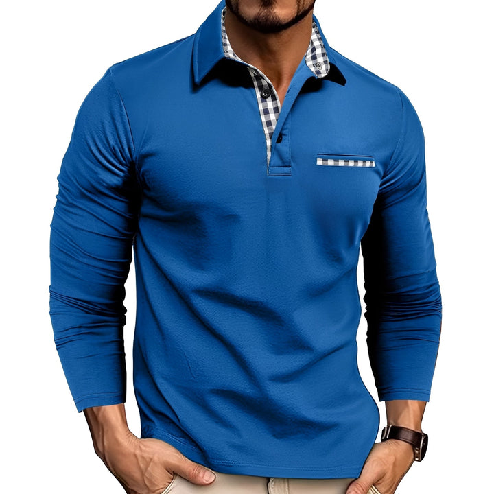 Men's button-down long sleeve polo featuring stylish gingham trim. A comfortable, versatile casual shirt for men.