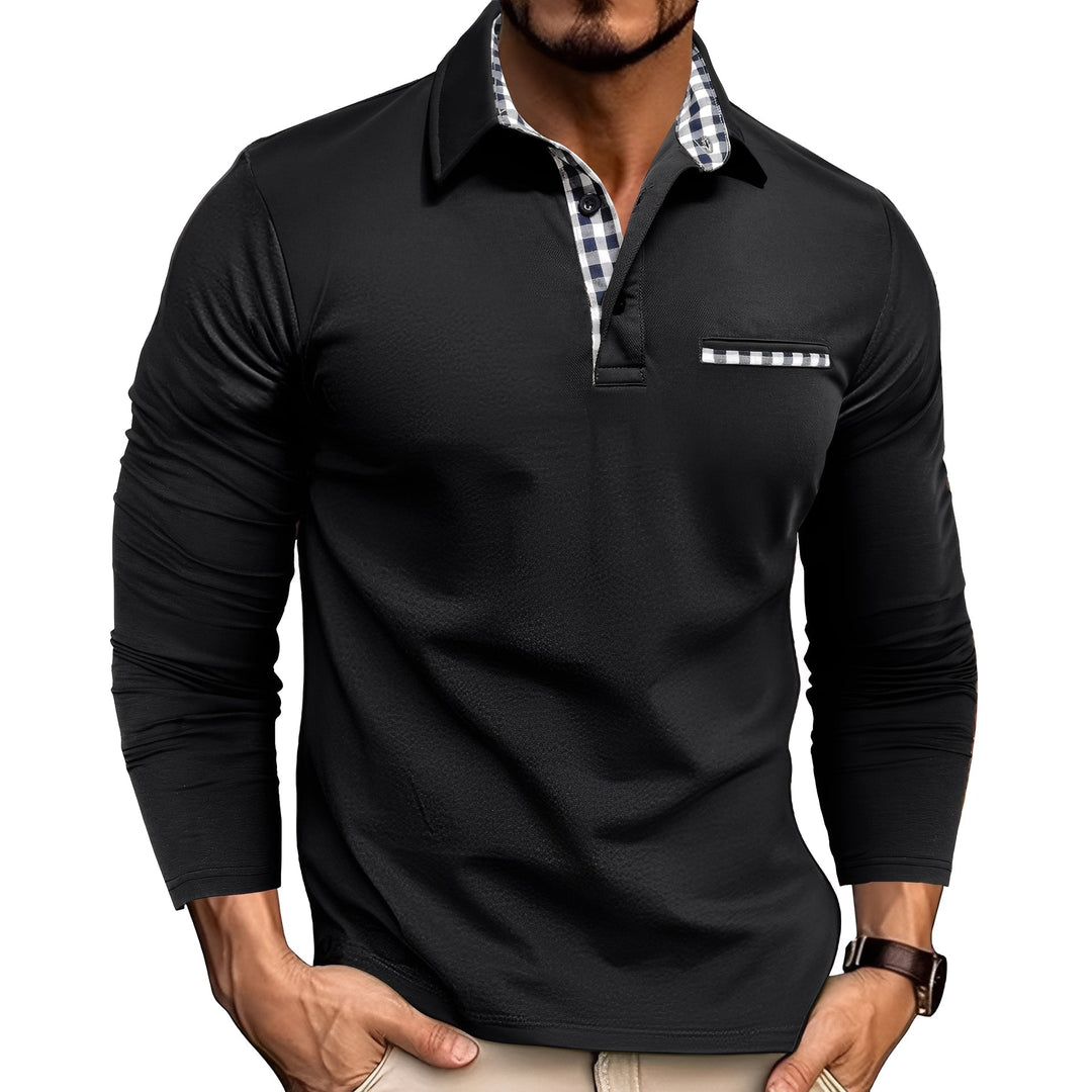 Classic men's long sleeve collared polo shirt. Button-down design with stylish gingham trim for smart casual looks.