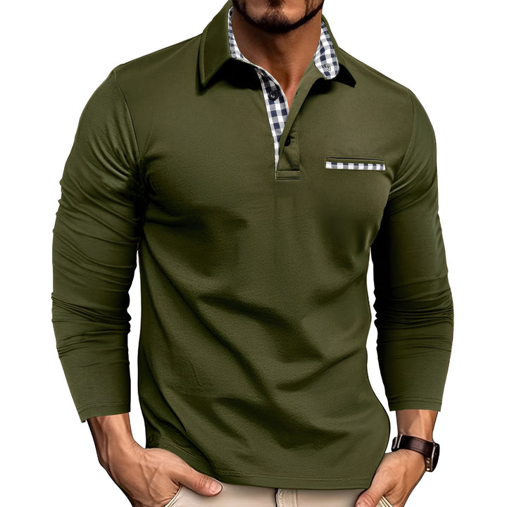 Men's Long Sleeve Button-Down Polo Shirt with Gingham Trim. Smart casual, comfortable men's fashion top.