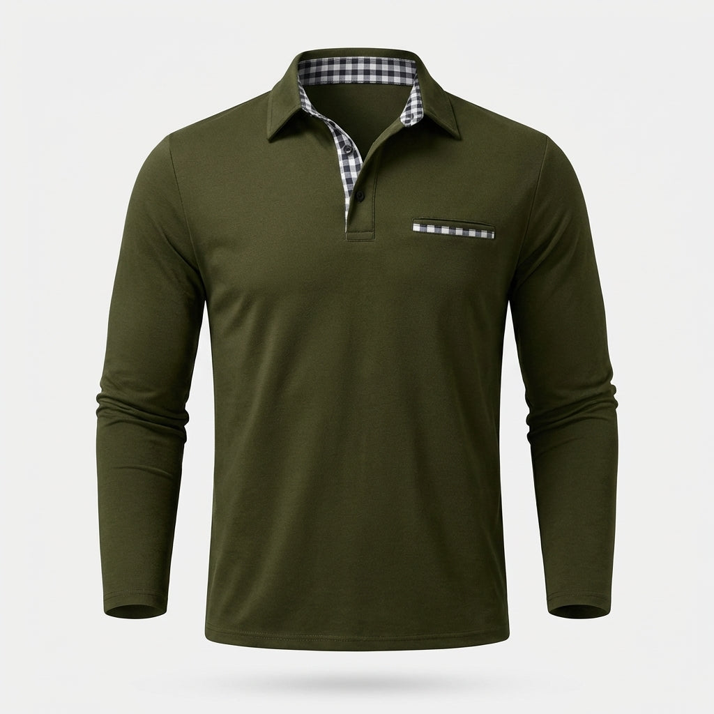 Stylish men's long sleeve polo with button-down collar & gingham trim. Versatile for smart casual & everyday wear.