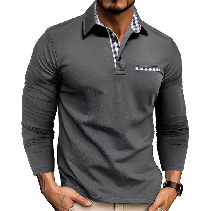 Modern men's long sleeve button-down polo. Stylish, comfortable & smart casual with unique gingham trim details.