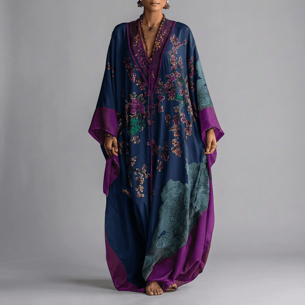 Versatile and comfortable women's beige maxi dress with elegant batwing sleeves and a stylish floral print.