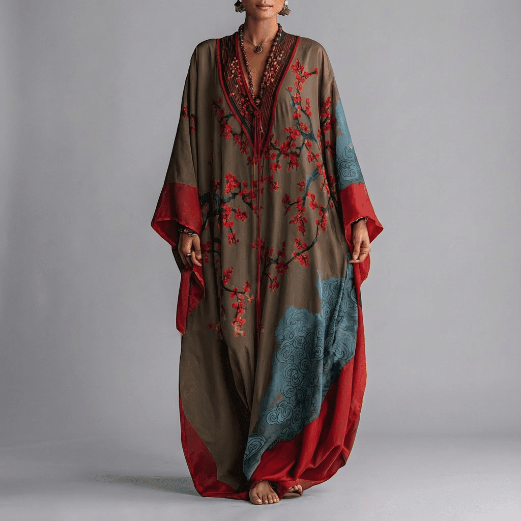 Elegant women's beige floral maxi dress with distinctive batwing sleeves, featuring a pretty plum blossom print.