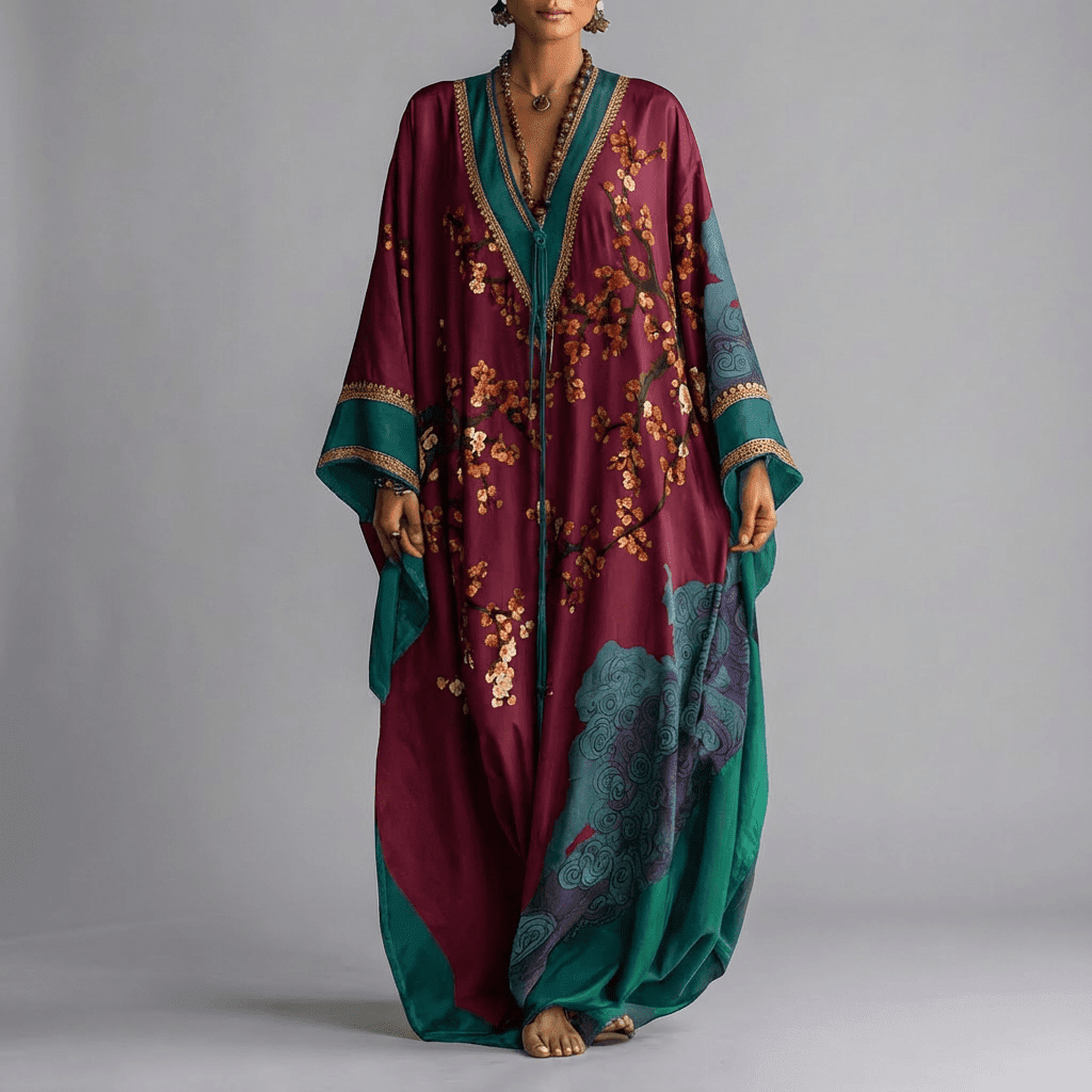 Flowing women's floral print maxi dress featuring elegant batwing sleeves and a beautiful plum blossom design.
