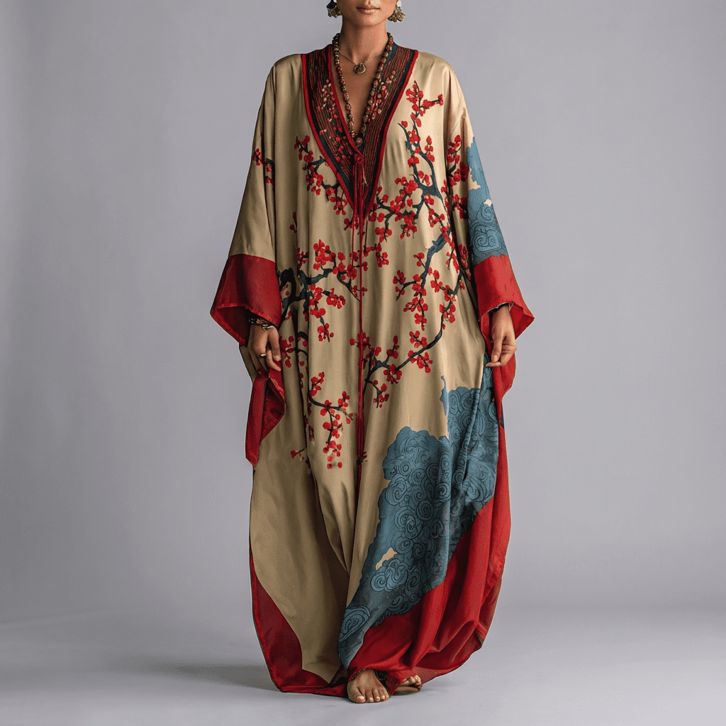 Women's elegant beige batwing sleeve maxi dress with a delicate floral print, perfect for spring/summer fashion.