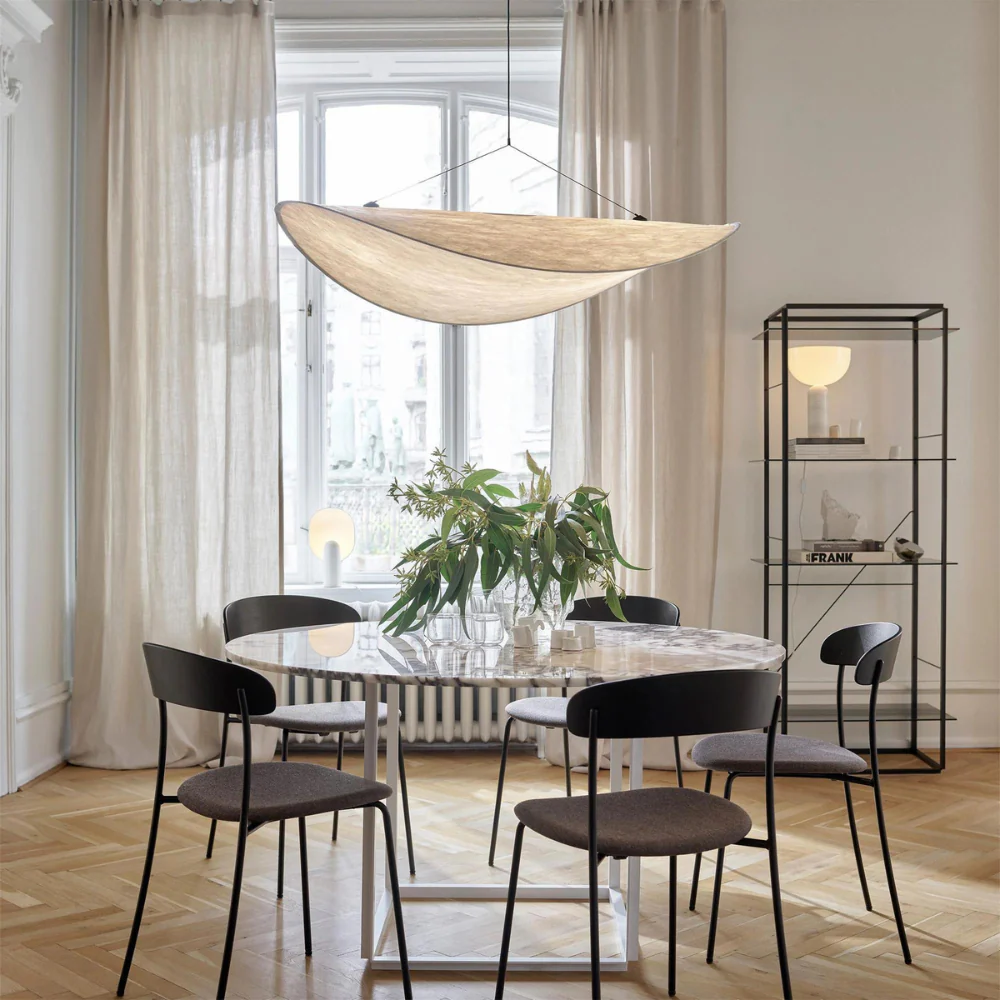"Japanese Silk Handmade Chandelier with elegant wave-inspired design, side view showcasing luxurious silk fabric brilliance."