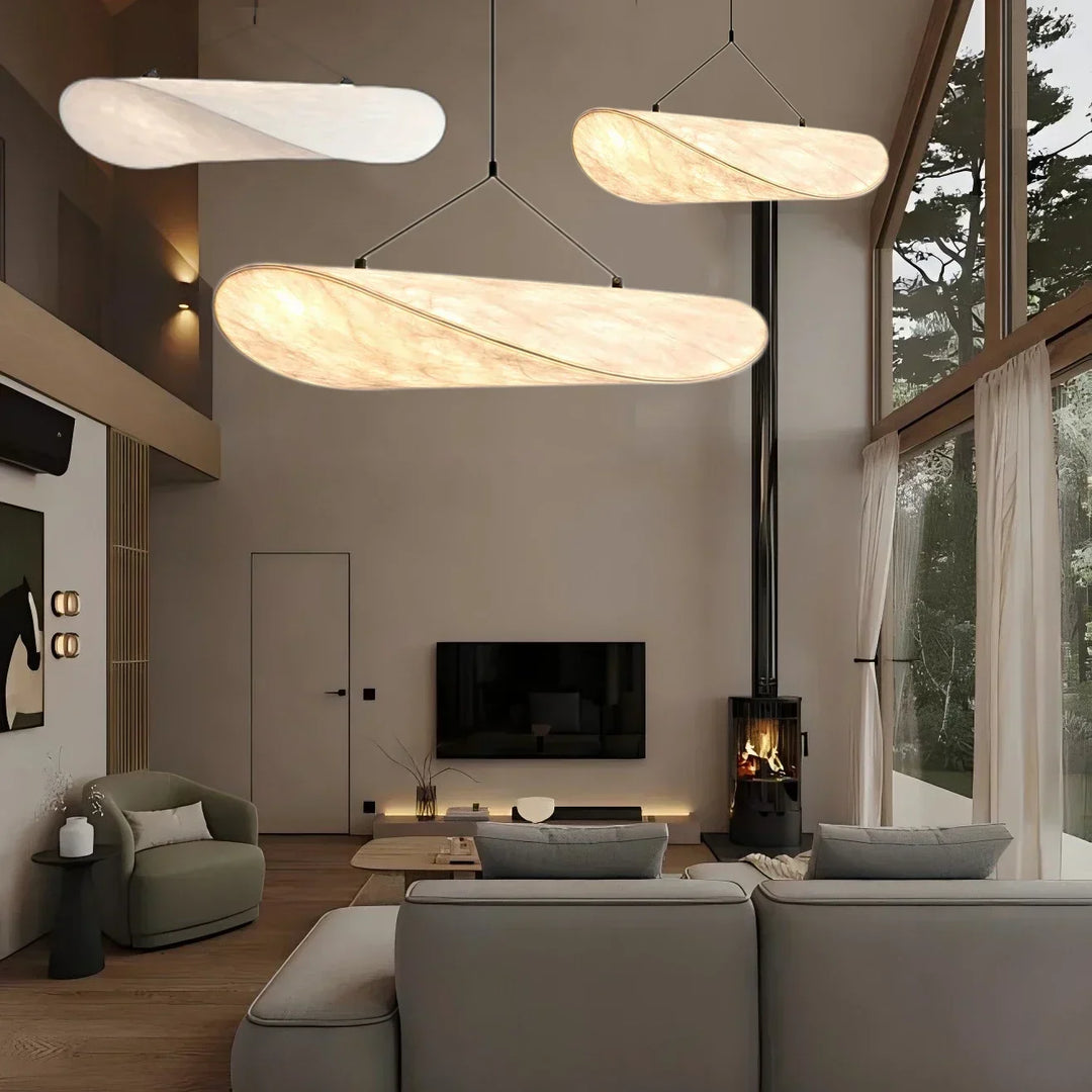 "Japanese Silk Handmade Chandelier with elegant wave-inspired design, side view showcasing luxurious silk fabric brilliance."