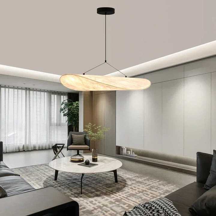 "Japanese Silk Handmade Chandelier with elegant wave-inspired design, side view showcasing luxurious silk fabric brilliance."