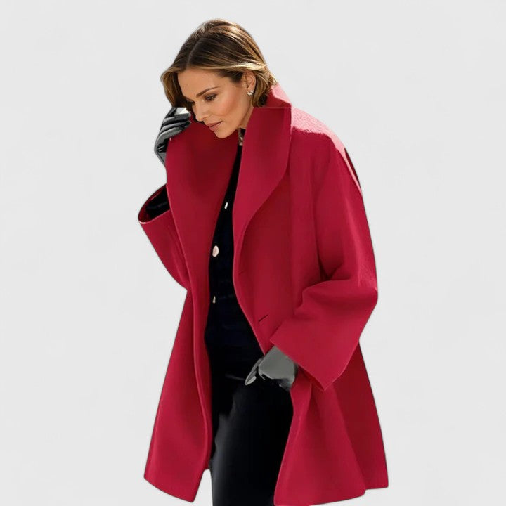 Stylish women's autumn outerwear, a warm long sleeve coat for elegant winter fashion. Windproof design.