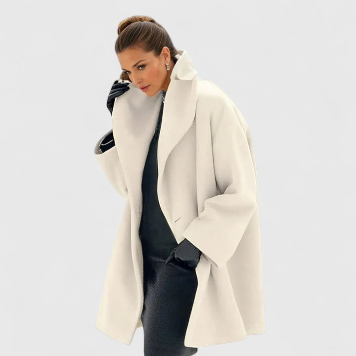 Classic women's elegant winter coat, a warm and stylish long outerwear piece for cold weather.